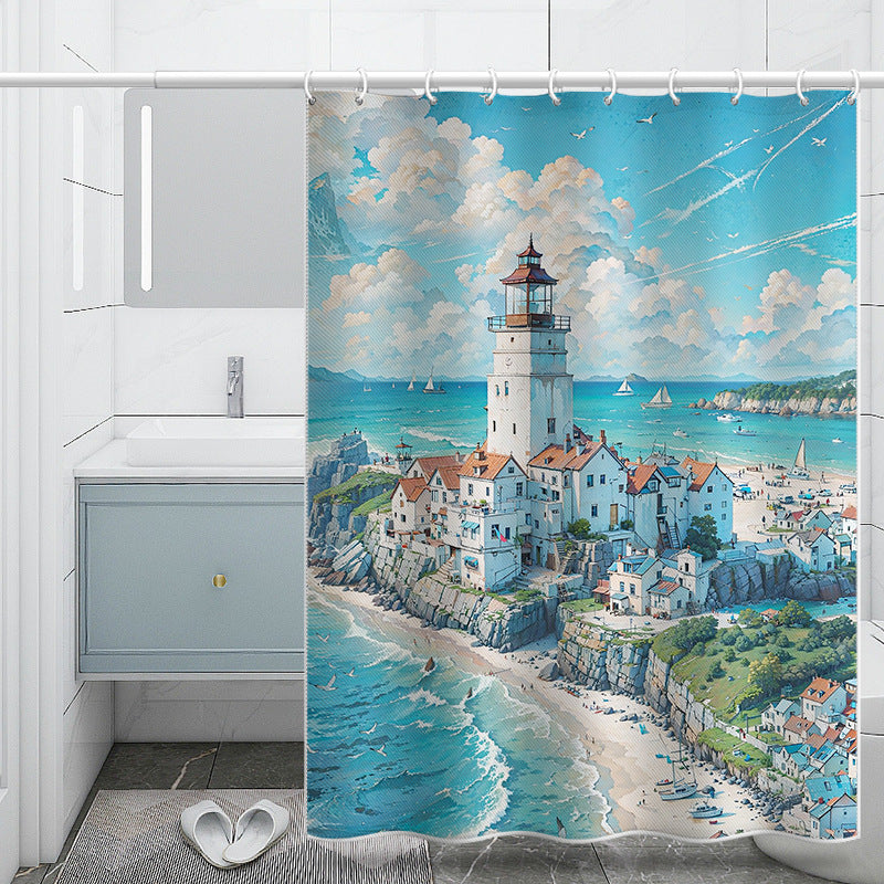 Mediterranean Lighthouse Seaside Shower Curtain – Waterproof & Mildew Resistant Polyester Fabric 180×180cm Coastal Bathroom Decor