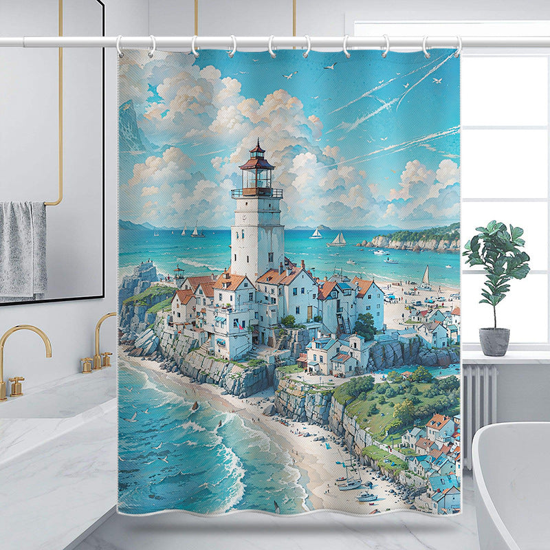 Mediterranean Lighthouse Seaside Shower Curtain – Waterproof & Mildew Resistant Polyester Fabric 180×180cm Coastal Bathroom Decor