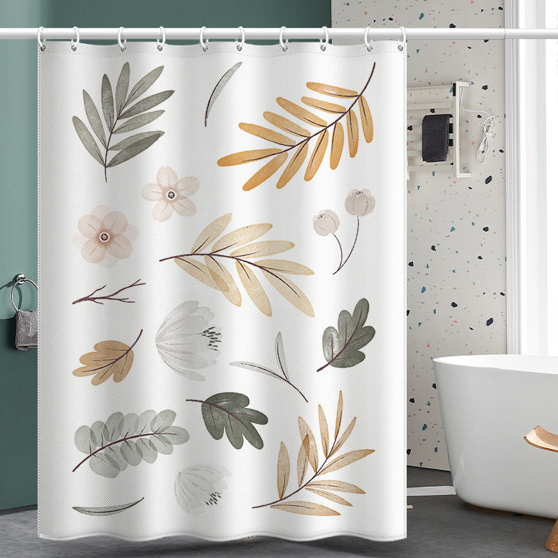Nordic Floral Leaf Shower Curtain – Waterproof & Mildew Resistant Polyester Fabric Bathroom Divider, 180×180cm Fresh Minimalist Style