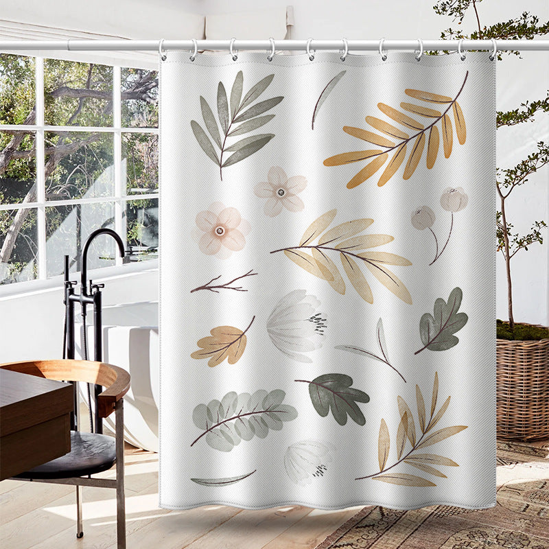 Nordic Floral Leaf Shower Curtain – Waterproof & Mildew Resistant Polyester Fabric Bathroom Divider, 180×180cm Fresh Minimalist Style