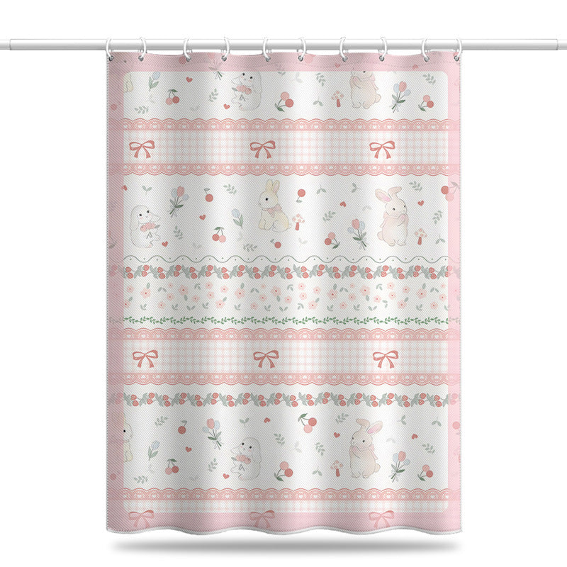 Cute Cartoon Bunny Shower Curtain – Pink Plaid & Bow Design, Waterproof & Mildew Resistant Polyester, 180×180cm Bathroom Decor