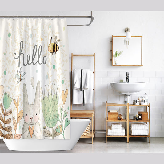 Cute Bunny Cartoon Shower Curtain – Waterproof & Mildew Resistant Polyester Bathroom Divider, 180×180cm Kids Bathroom Decoration