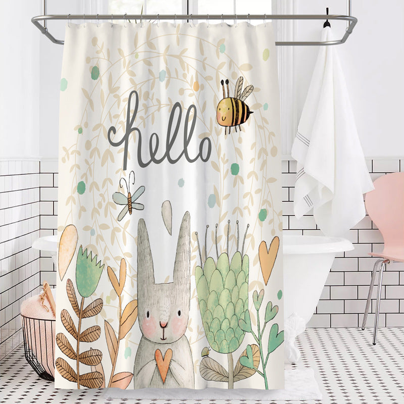 Cute Bunny Cartoon Shower Curtain – Waterproof & Mildew Resistant Polyester Bathroom Divider, 180×180cm Kids Bathroom Decoration