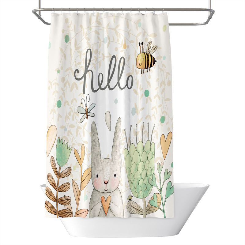 Cute Bunny Cartoon Shower Curtain – Waterproof & Mildew Resistant Polyester Bathroom Divider, 180×180cm Kids Bathroom Decoration