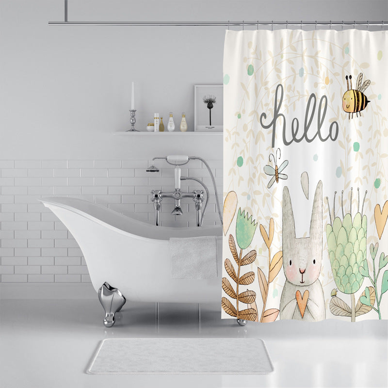 Cute Bunny Cartoon Shower Curtain – Waterproof & Mildew Resistant Polyester Bathroom Divider, 180×180cm Kids Bathroom Decoration