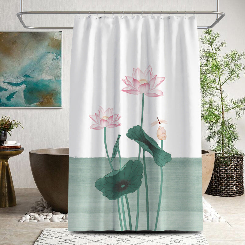 Lotus Shower Curtain – Waterproof & Mildew Resistant Polyester Fabric 180×180cm Oriental Elegant Style Bathroom Divider