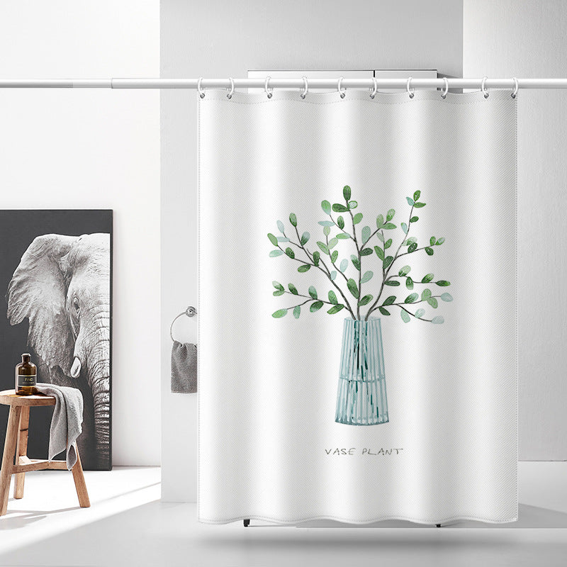 Green Plant Vase Print Shower Curtain – Nordic Style Waterproof & Mildew Resistant Fabric Bathroom Divider (180×180cm / 71×71in)