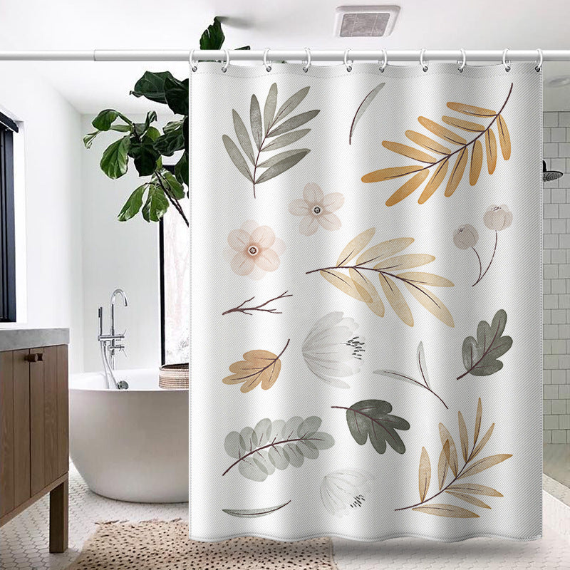 Nordic Floral Leaf Shower Curtain – Waterproof & Mildew Resistant Polyester Fabric Bathroom Divider, 180×180cm Fresh Minimalist Style