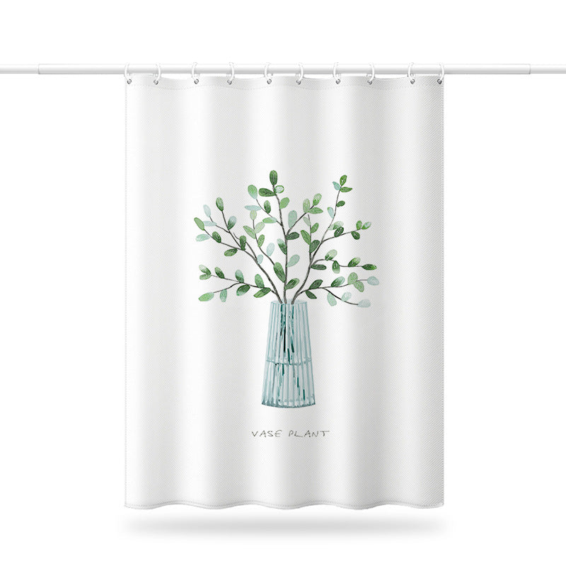 Green Plant Vase Print Shower Curtain – Nordic Style Waterproof & Mildew Resistant Fabric Bathroom Divider (180×180cm / 71×71in)
