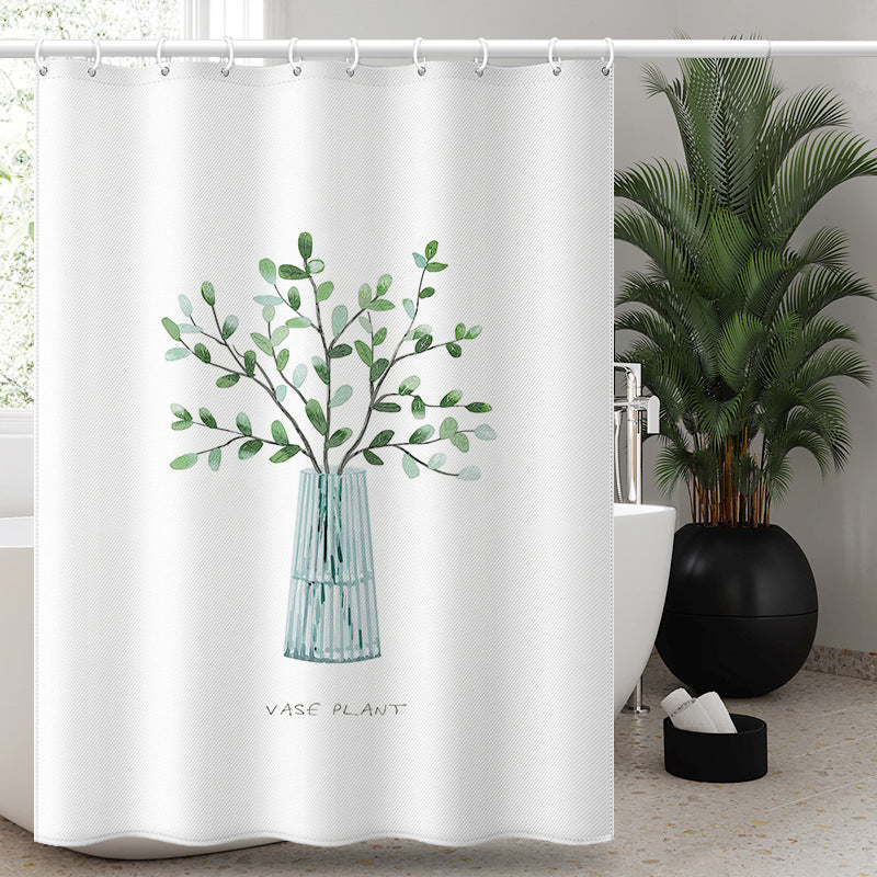 Green Plant Vase Print Shower Curtain – Nordic Style Waterproof & Mildew Resistant Fabric Bathroom Divider (180×180cm / 71×71in)
