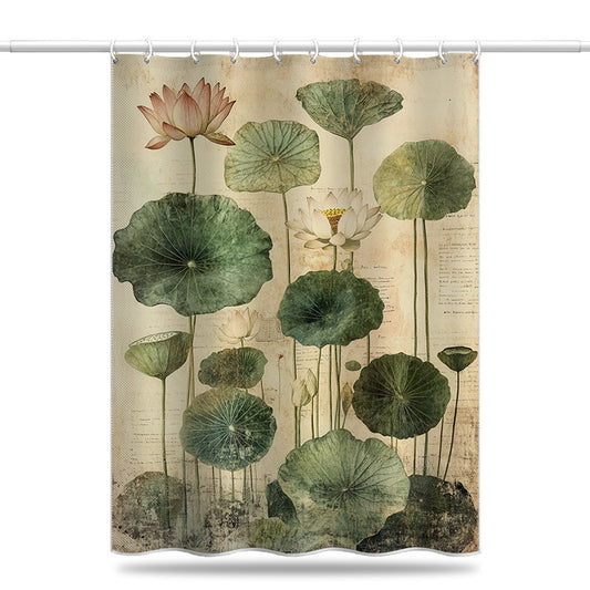Lotus Print Shower Curtain – Waterproof & Mildew Resistant Polyester Bathroom Divider 180×180cm Oriental Vintage Style