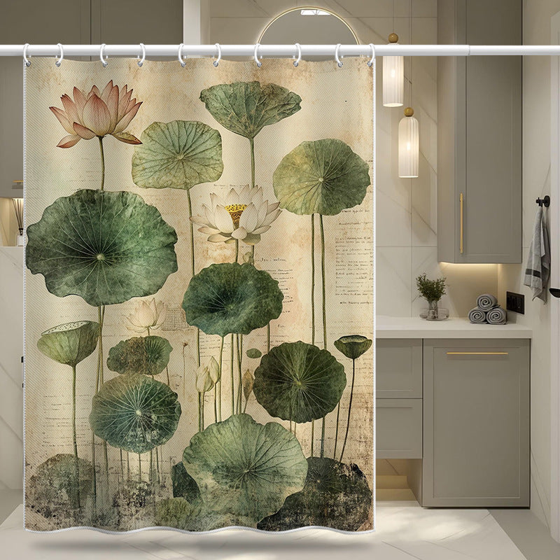 Lotus Print Shower Curtain – Waterproof & Mildew Resistant Polyester Bathroom Divider 180×180cm Oriental Vintage Style