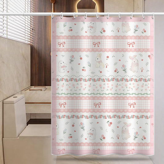 Cute Cartoon Bunny Shower Curtain – Pink Plaid & Bow Design, Waterproof & Mildew Resistant Polyester, 180×180cm Bathroom Decor