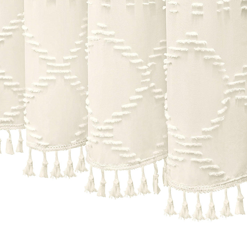 Nordic Style Geometric Textured Shower Curtain – Waterproof & Mildew Resistant Fabric with Tassel Trim (180×180cm / 71×71in)