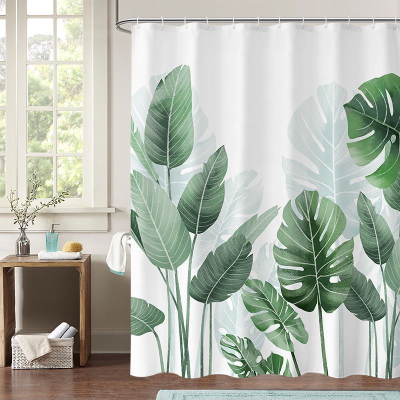 Tropical Leaf Print Shower Curtain – Waterproof & Mildew Resistant Fabric, Fresh Green Botanical Design, Heavy-Duty Polyester (180×180cm / 71×71in)