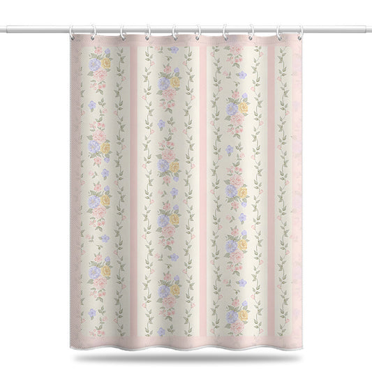 Vintage Floral Stripe Shower Curtain – Waterproof & Mildew Resistant Polyester Fabric 180×180cm Romantic Bathroom Decor