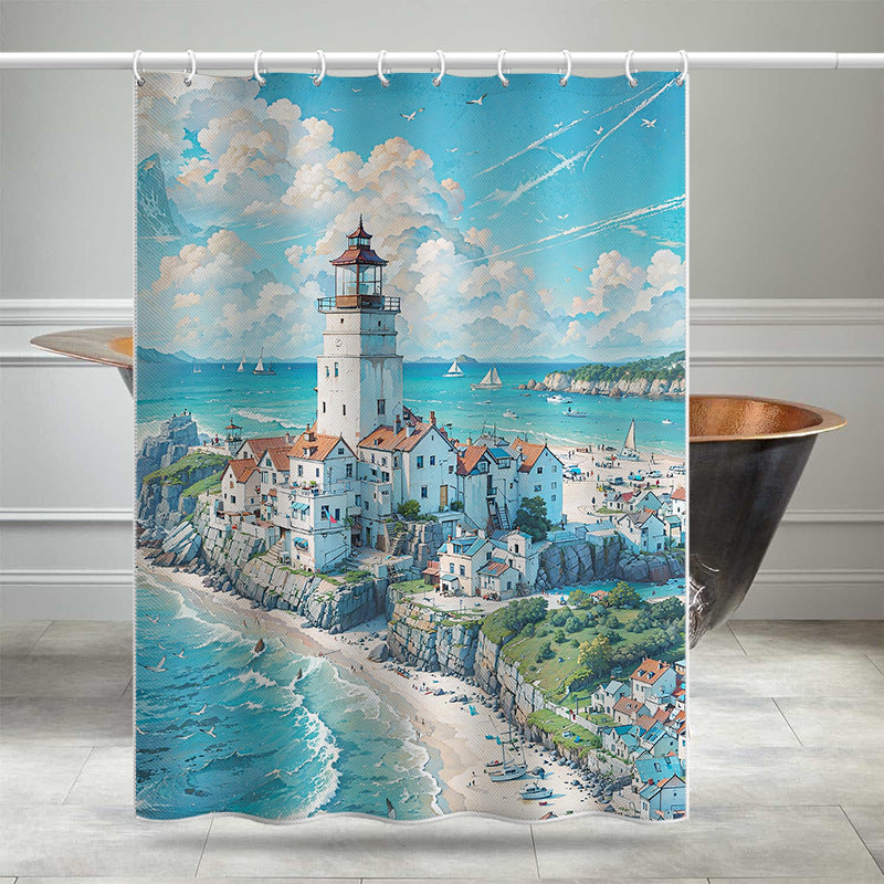 Mediterranean Lighthouse Seaside Shower Curtain – Waterproof & Mildew Resistant Polyester Fabric 180×180cm Coastal Bathroom Decor