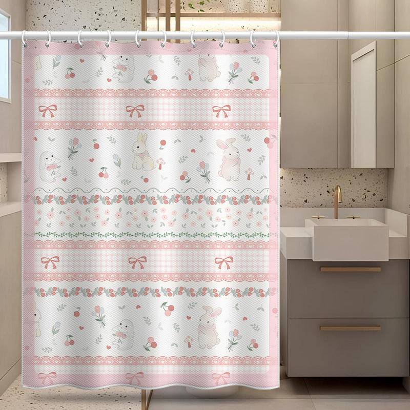 Cute Cartoon Bunny Shower Curtain – Pink Plaid & Bow Design, Waterproof & Mildew Resistant Polyester, 180×180cm Bathroom Decor