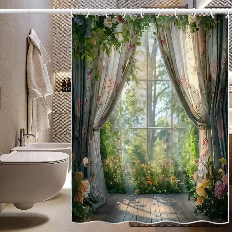 Garden Window Shower Curtain – Waterproof & Mildew Resistant Polyester Bathroom Divider 180×180cm Floral Nature Design