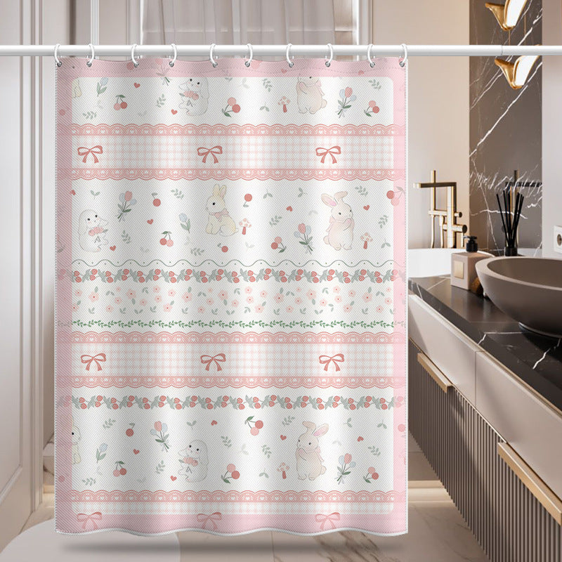 Cute Cartoon Bunny Shower Curtain – Pink Plaid & Bow Design, Waterproof & Mildew Resistant Polyester, 180×180cm Bathroom Decor