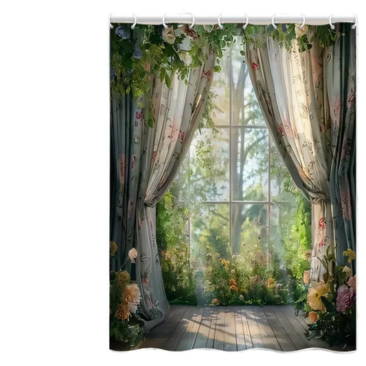 Garden Window Shower Curtain – Waterproof & Mildew Resistant Polyester Bathroom Divider 180×180cm Floral Nature Design