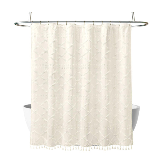 Nordic Style Geometric Textured Shower Curtain – Waterproof & Mildew Resistant Fabric with Tassel Trim (180×180cm / 71×71in)