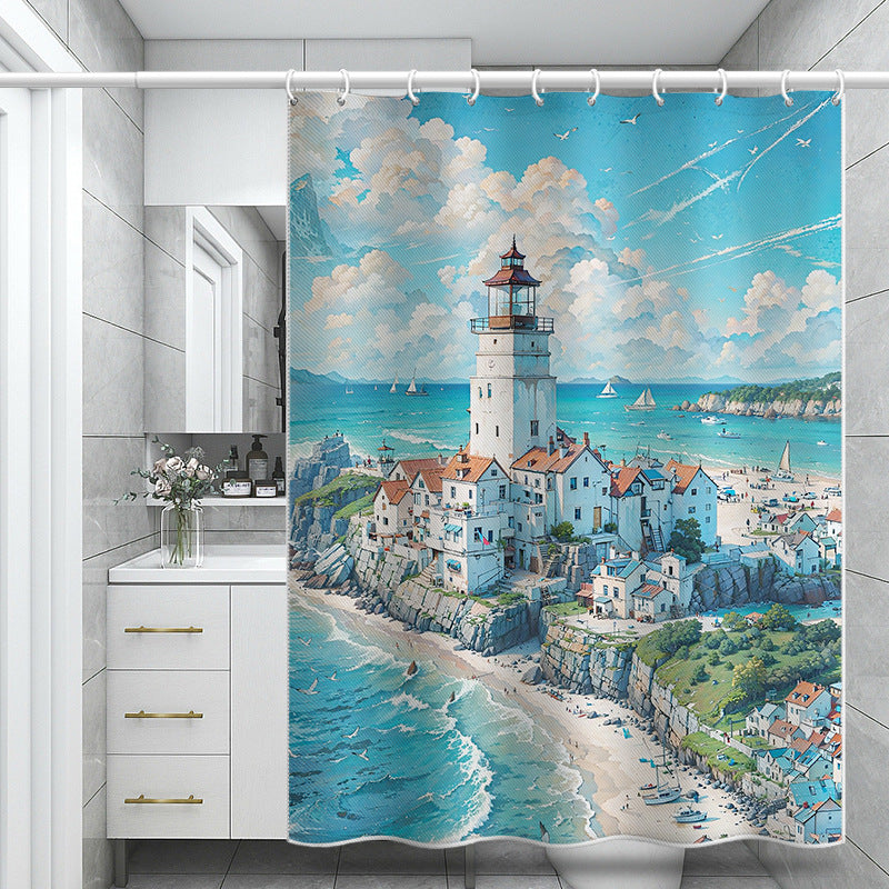 Mediterranean Lighthouse Seaside Shower Curtain – Waterproof & Mildew Resistant Polyester Fabric 180×180cm Coastal Bathroom Decor
