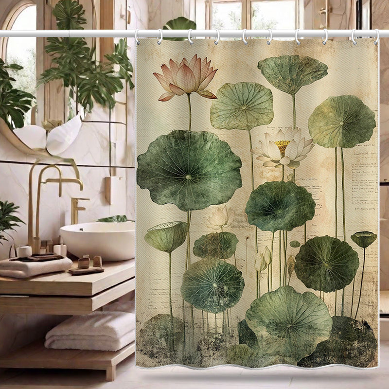 Lotus Print Shower Curtain – Waterproof & Mildew Resistant Polyester Bathroom Divider 180×180cm Oriental Vintage Style