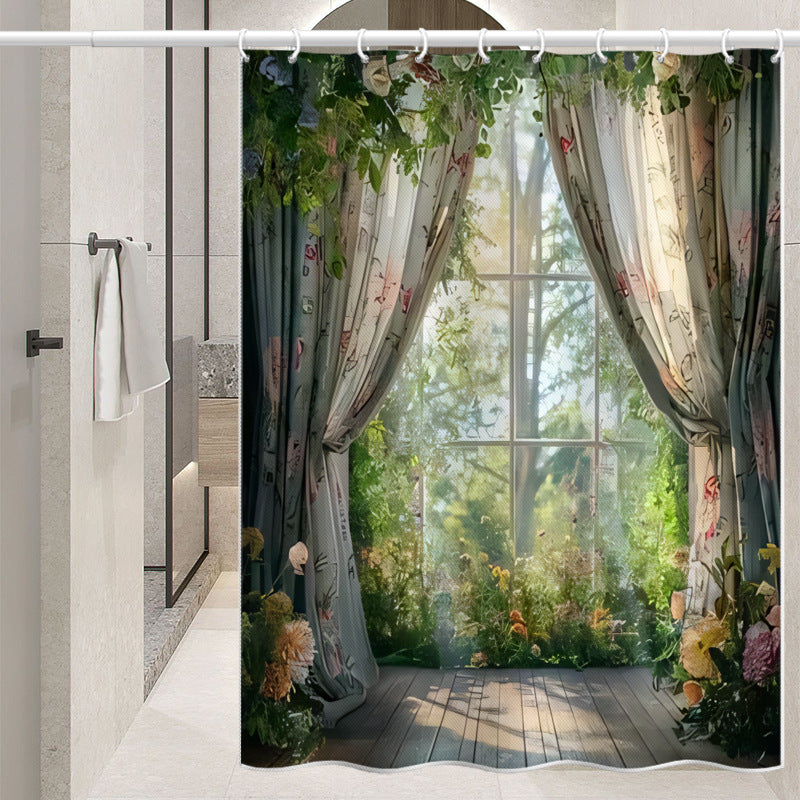 Garden Window Shower Curtain – Waterproof & Mildew Resistant Polyester Bathroom Divider 180×180cm Floral Nature Design