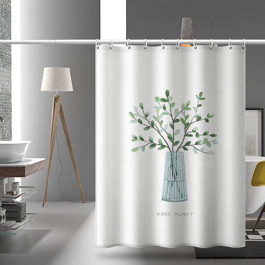 Green Plant Vase Print Shower Curtain – Nordic Style Waterproof & Mildew Resistant Fabric Bathroom Divider (180×180cm / 71×71in)