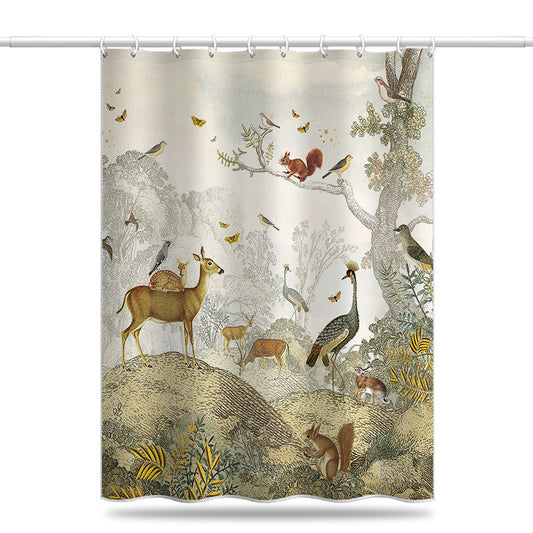 Forest Animals Shower Curtain – Waterproof & Mildew Resistant Polyester Fabric 180×180cm Vintage Nature Style Bathroom Decor