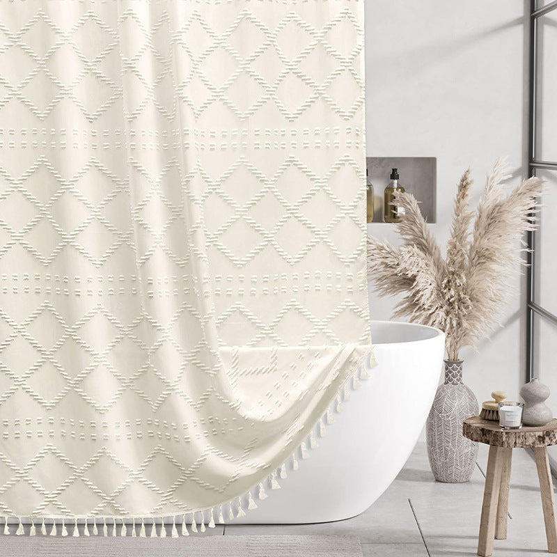 Nordic Style Geometric Textured Shower Curtain – Waterproof & Mildew Resistant Fabric with Tassel Trim (180×180cm / 71×71in)