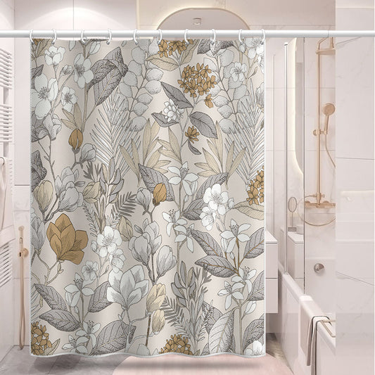 Beige Botanical Shower Curtain – Waterproof & Mildew Resistant Polyester Fabric Bathroom Divider 180×180cm Nordic Style