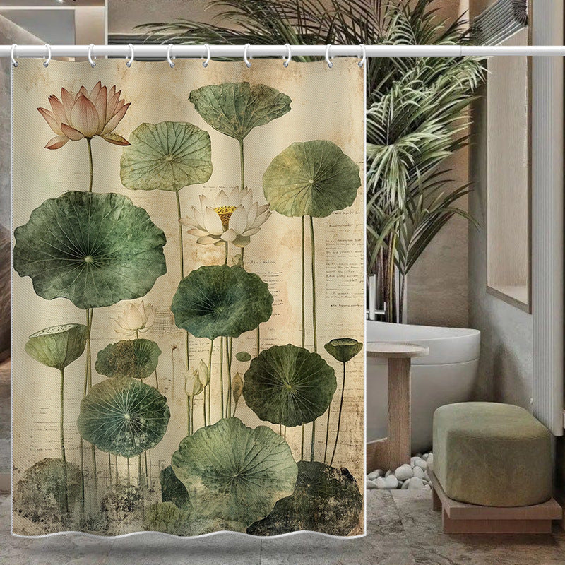 Lotus Print Shower Curtain – Waterproof & Mildew Resistant Polyester Bathroom Divider 180×180cm Oriental Vintage Style
