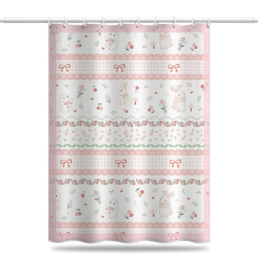 Cute Cartoon Bunny Shower Curtain – Pink Plaid & Bow Design, Waterproof & Mildew Resistant Polyester, 180×180cm Bathroom Decor