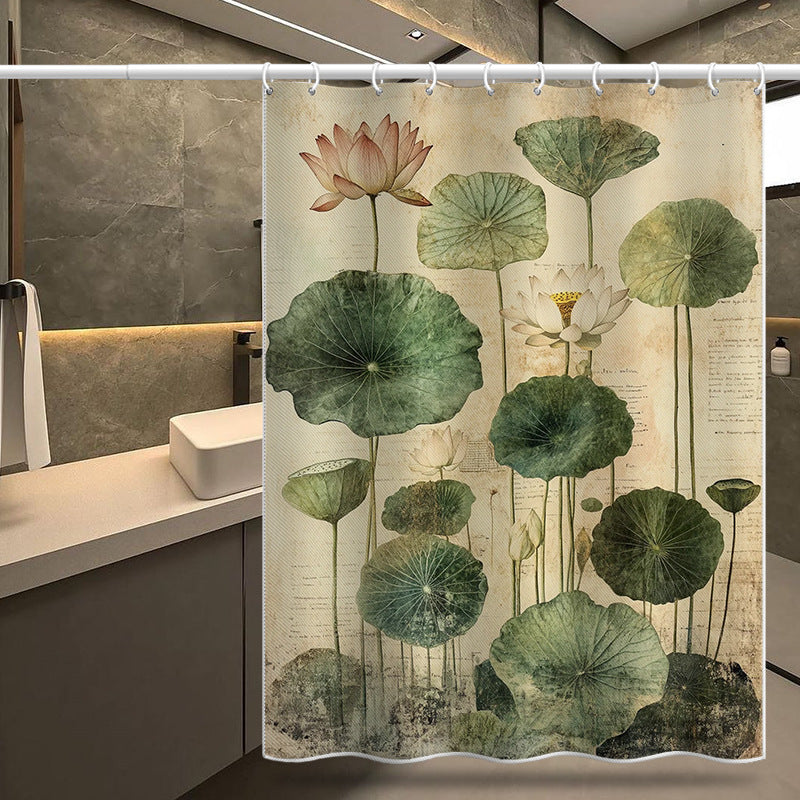 Lotus Print Shower Curtain – Waterproof & Mildew Resistant Polyester Bathroom Divider 180×180cm Oriental Vintage Style