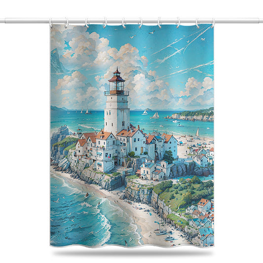 Mediterranean Lighthouse Seaside Shower Curtain – Waterproof & Mildew Resistant Polyester Fabric 180×180cm Coastal Bathroom Decor