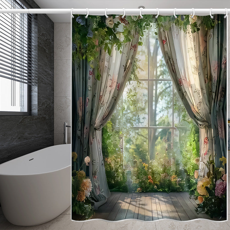 Garden Window Shower Curtain – Waterproof & Mildew Resistant Polyester Bathroom Divider 180×180cm Floral Nature Design