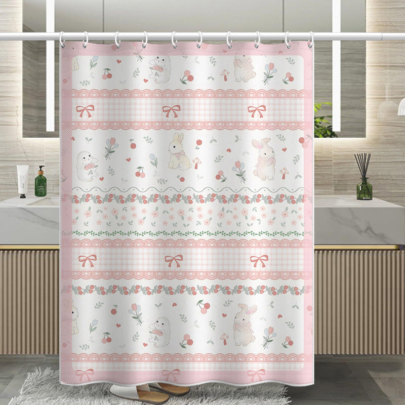 Cute Cartoon Bunny Shower Curtain – Pink Plaid & Bow Design, Waterproof & Mildew Resistant Polyester, 180×180cm Bathroom Decor