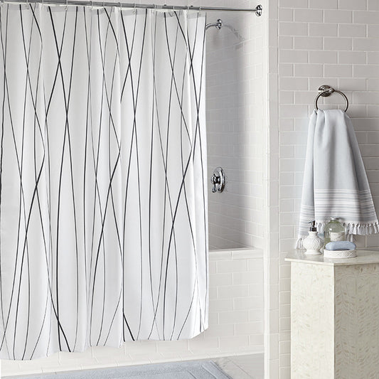 Modern Black & White Line Shower Curtain – Waterproof & Mildew Resistant Fabric, Heavy-Duty Polyester Bathroom Divider (180×180cm / 71×71in)