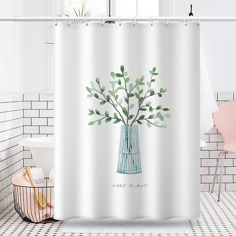 Green Plant Vase Print Shower Curtain – Nordic Style Waterproof & Mildew Resistant Fabric Bathroom Divider (180×180cm / 71×71in)